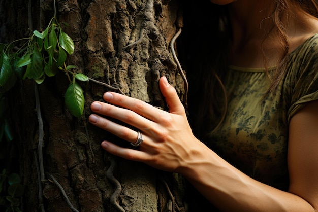 Foto mãos próximas de uma mulher abraçando uma árvore na floresta conservação da natureza proteção ambiental unidade com a natureza