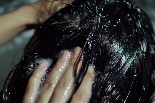 Foto mãos próximas sabão cabelo lavagem de cabelo condicionador de cabelo shampoo sem silicones e parabenos preto