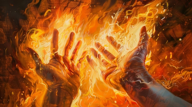 Mãos queimando de fogo desenhando de perto
