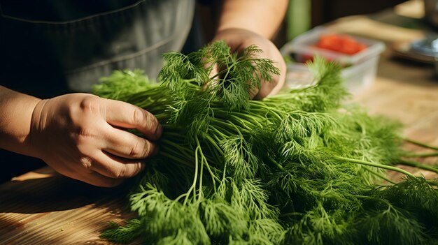 Mãos recolhendo feixes de endro aromático