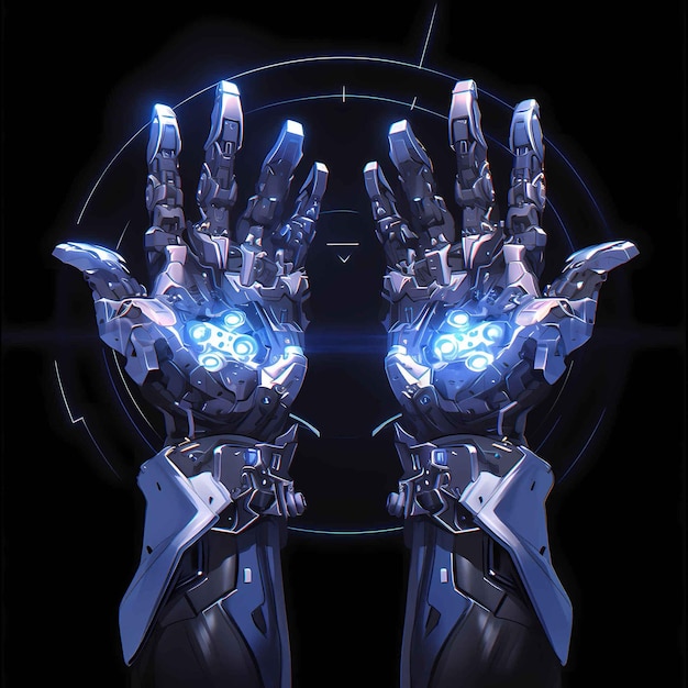 Mãos robóticas futuristas com núcleos de energia azul em uma postura simétrica