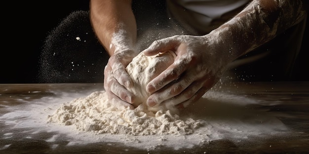 Mãos rolantes de farinha de padaria gerada por IA gerada por IA preparam massa para refeição de comida de massa de pizza