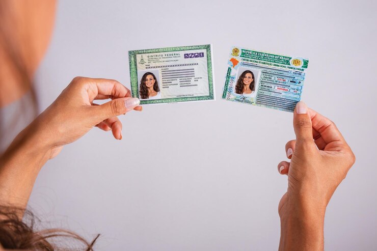 Foto mãos segurando a carteira de motorista e documentos brasileiros de identidade