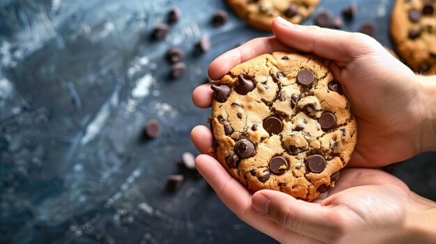 Mãos segurando biscoito de chips de chocolate recém-cozido contra um fundo escuro com chips espalhados