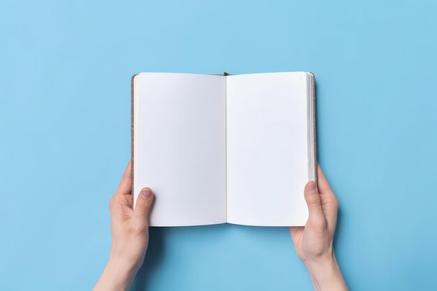 Mãos segurando caderno aberto com páginas em branco fundo azul AI