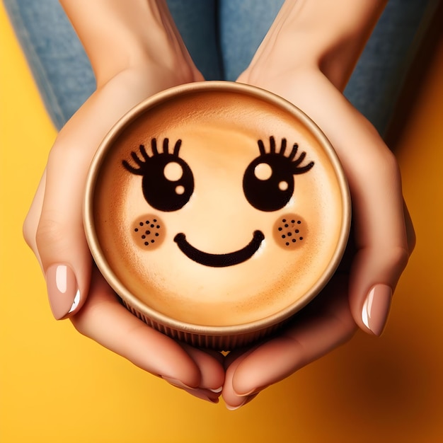 Foto mãos segurando café latte com rosto sorridente desenhado em ângulo de visão superior do café em fundo amarelo
