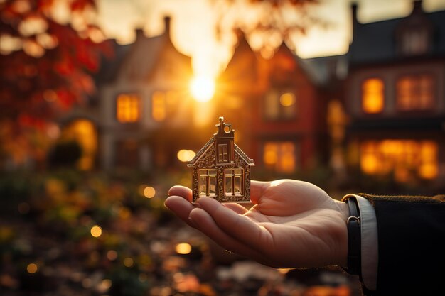 mãos segurando chaves em fundo imobiliário