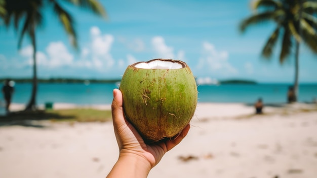 Mãos segurando coco verde com palha na praia IA generativa