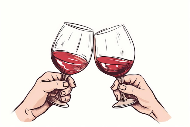 Mãos segurando copos com vinho batendo neles Linda ilustração IA generativa