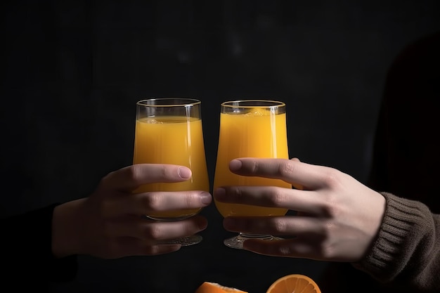 Mãos segurando dois copos de IA generativa de suco de laranja