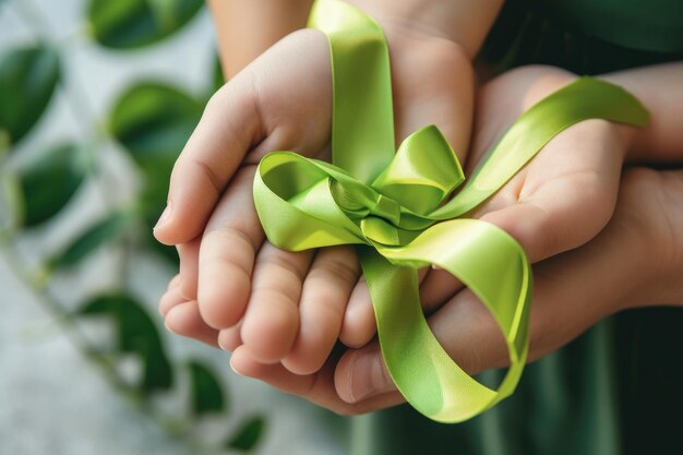 Mãos segurando fita verde de limão para o Dia da Saúde Mental