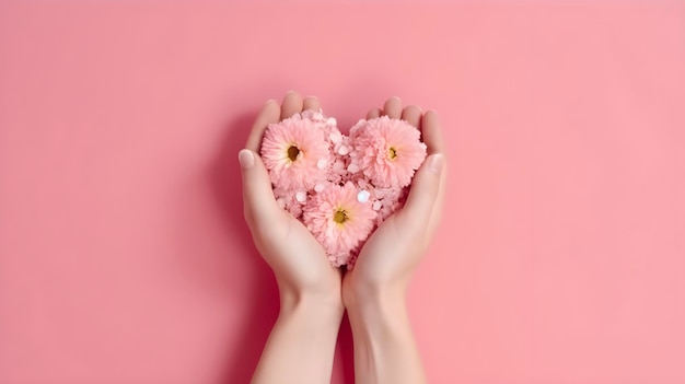 Mãos segurando flores em forma de coração, amor e conceito de emoção no espaço de cópia gratuita de fundo rosa gerado por IA