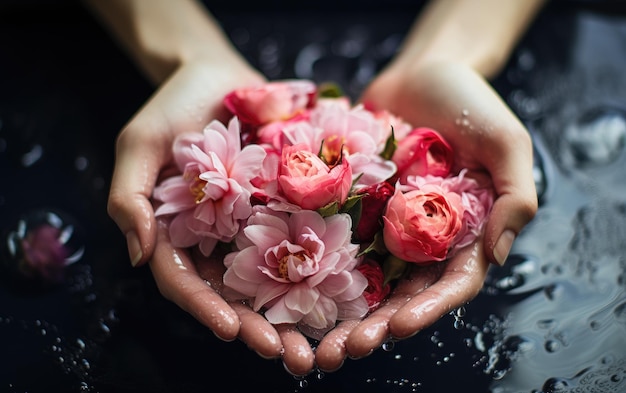 Mãos segurando flores para os Guerreiros do Câncer.