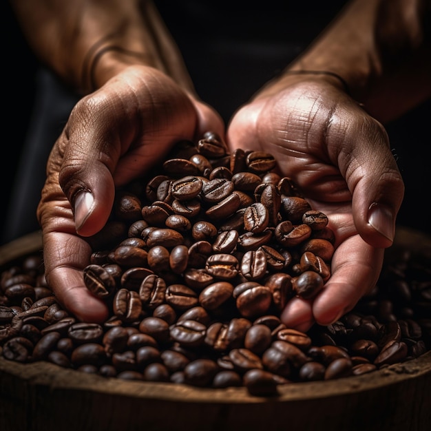 mãos segurando grãos de café assados