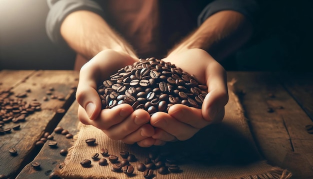 Mãos segurando grãos de café frescos e brilhantes