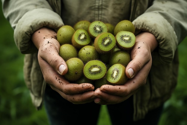 Mãos segurando kiwis recém-colhidos em uma plantação Generative By Ai