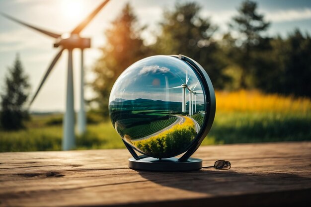 Foto mãos segurando o globo terra no fundo do campo de turbinas eólicas conceito de proteção ambiental mundial