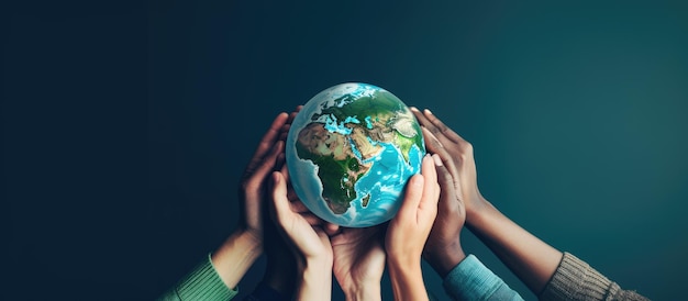 Mãos segurando o globo terrestre sobre fundo azul, simbolizando a solidariedade internacional e um mundo seguro com elementos de espaço de cópia fornecidos pela NASA