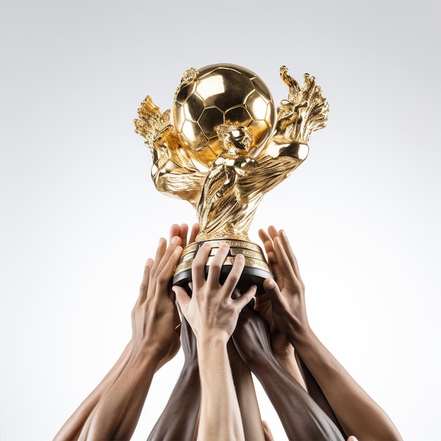 Mãos segurando o troféu da copa do mundo