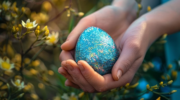 Mãos segurando ovos de Páscoa coloridos em close-up Feriado de Primavera Conceito de celebração da Páscoa