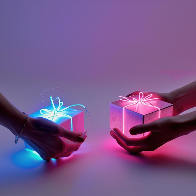 Foto mãos segurando pequenas caixas de presentes iluminadas em um estúdio de luz de néon luz rosa, roxa e azul fonte festiva minimalista fotografia gerada por ia