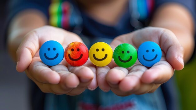 Foto mãos segurando rostos sorridentes coloridos comprimidos conceito de medicina