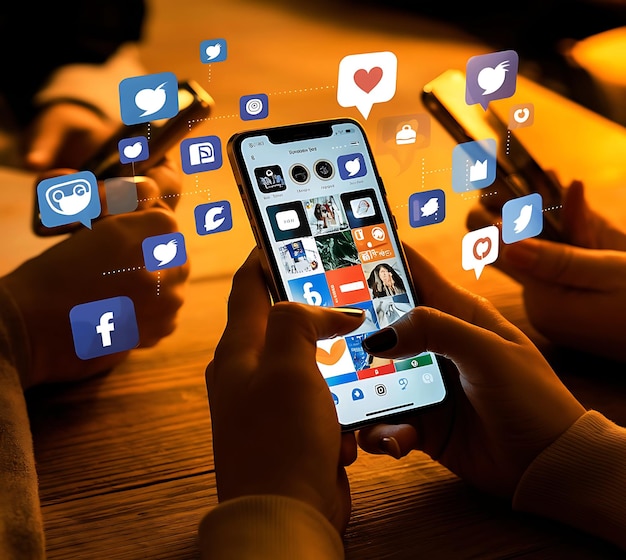 Mãos segurando smartphones e mídias sociais