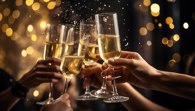 Mãos segurando taças com champanhe, conceito de natal e ano novo