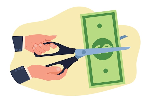 Mãos segurando tesouras para cortar notas Venda e metade do preço Redução de custos Grande oferta de desconto Recessão econômica Baixa taxa Ilustração plana de desenho animado Conceito financeiro vetorial