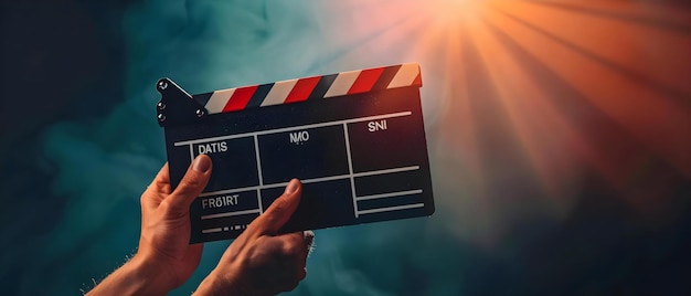 Mãos segurando um clapperboard sinalizando o início das filmagens em uma produção de filme ou TV Conceito Clapperboard Produção de filme Set de filme Cinematografia Começo das filmagens