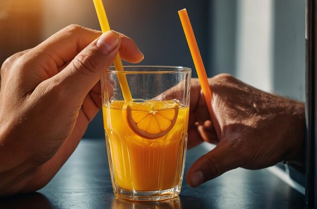 Mãos segurando um copo de suco de laranja com uma palha