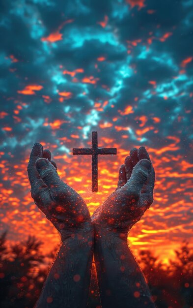 Mãos segurando um crucifixo, um crente orando com os braços cruzados Jesus Cristo luz divina do céu