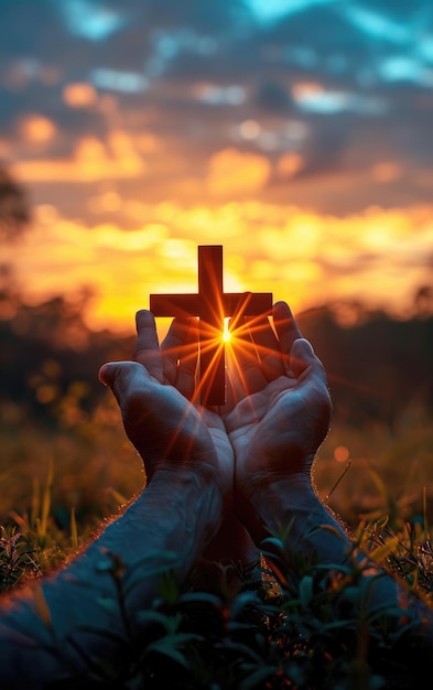 Mãos segurando um crucifixo, um crente orando com os braços cruzados Jesus Cristo luz divina do céu