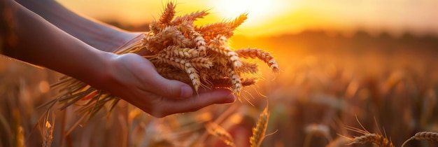 Mãos segurando um feixe de trigo dourado ao pôr-do-sol