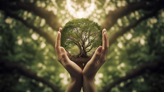 Mãos segurando um globo com uma árvore no meio do Dia Mundial do Meio Ambiente