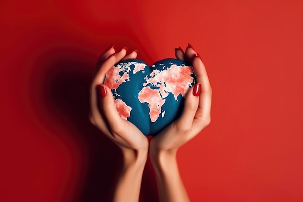 Mãos segurando um globo do mundo em forma de coração com fundo vermelho