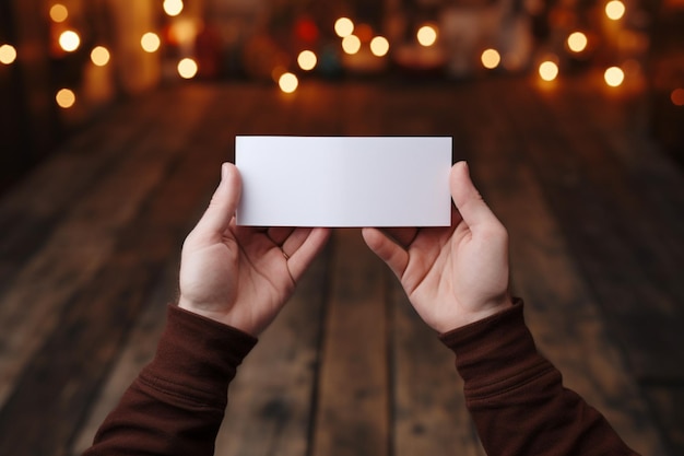 Mãos segurando um papel em branco com luzes de árvore de Natal brilhando