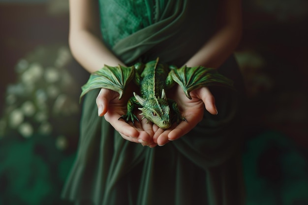 Foto mãos segurando um pequeno símbolo de dragão verde 2024