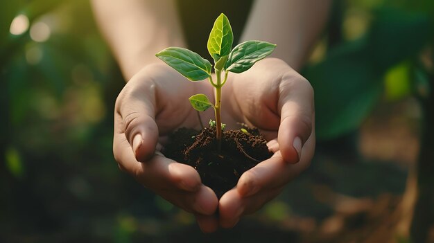 mãos segurando um punhado com uma mudas de planta