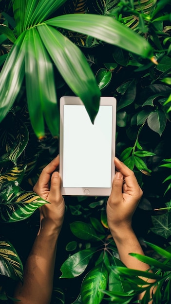 Mãos segurando um tablet com uma tela branca cercada por folhas tropicais verdes densas ilustrando a mistura de tecnologia e beleza natural