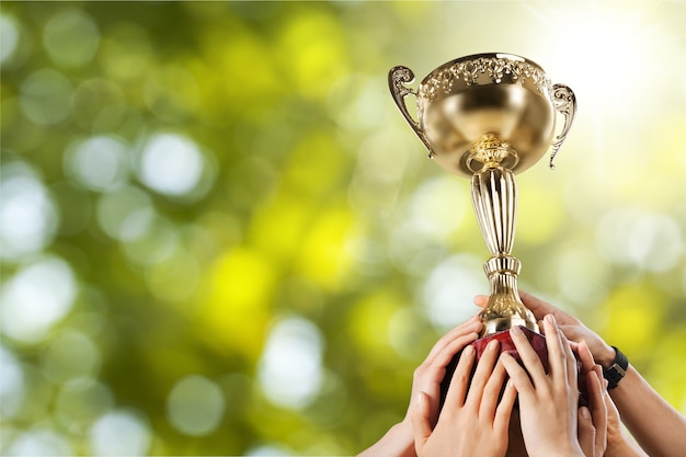 Mãos segurando um troféu de ouro sobre um fundo claro