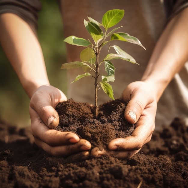 Mãos segurando uma árvore jovem no fundo do solo para plantar