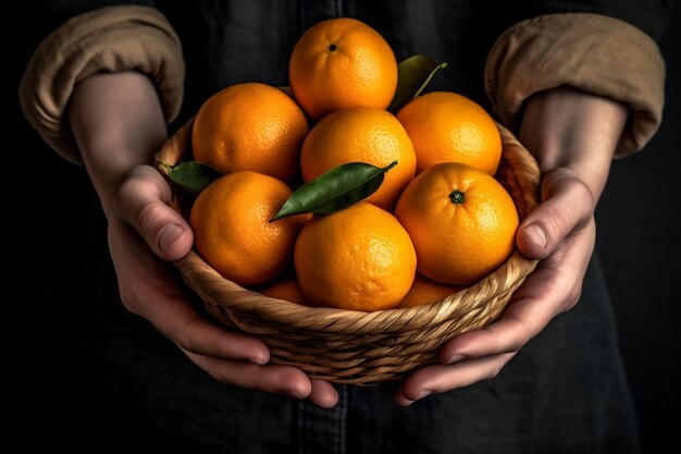 Mãos segurando uma cesta de laranjas IA geradora de imagens