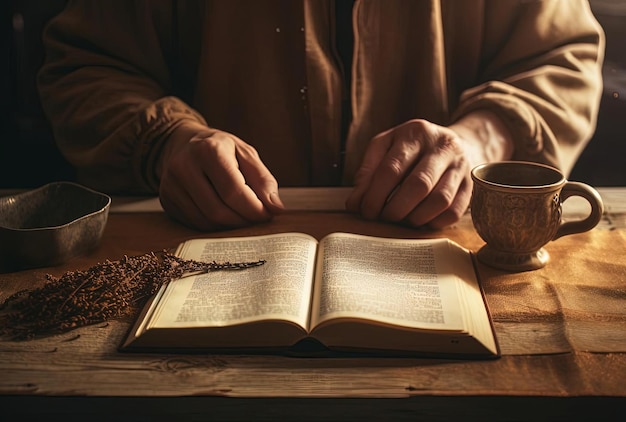 Foto mãos segurando uma cruz com a bíblia aberta na mesa no estilo de objetos prontos