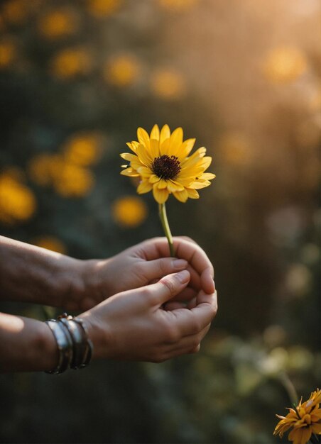 mãos segurando uma flor