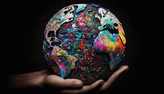 Mãos segurando uma imagem multicolorida do globo Ai gerou arte