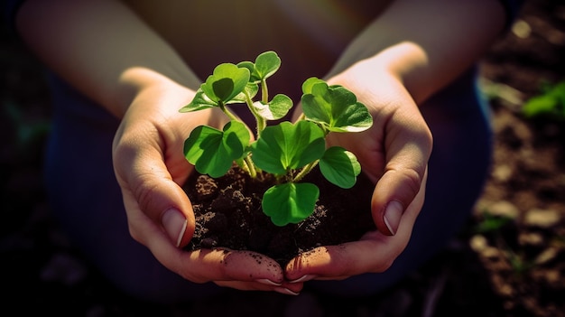Mãos segurando uma pequena planta verde Eco world para salvar a terra