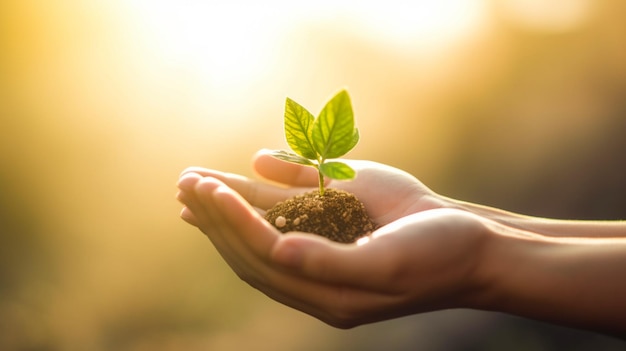 Mãos segurando uma pequena planta verde Eco world para salvar a terra