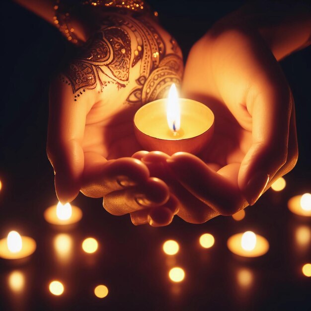 Mãos segurando uma pequena vela diwali em um fundo escuro