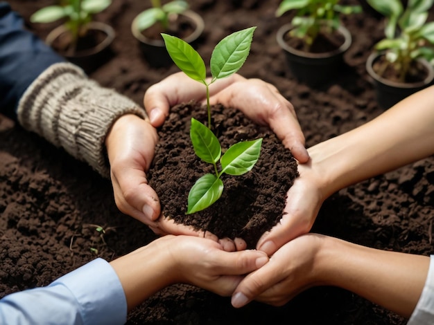 Foto mãos segurando uma planta com mãos pegando uma planta